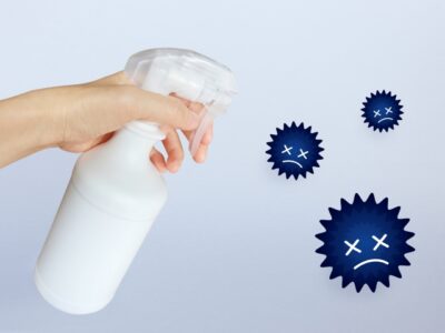 ウイルスにスプレーをかけている